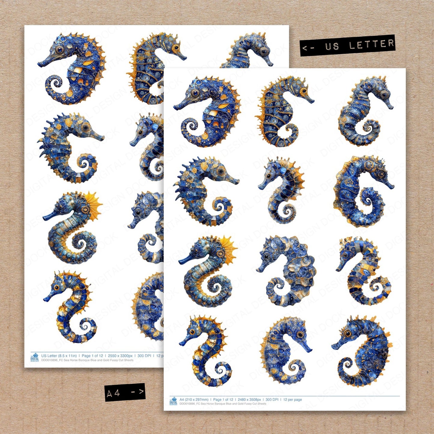 A4 and US Letter format comparison showing Sea Horse Baroque Blue and Gold fussy cut pages for print and cut crafting
