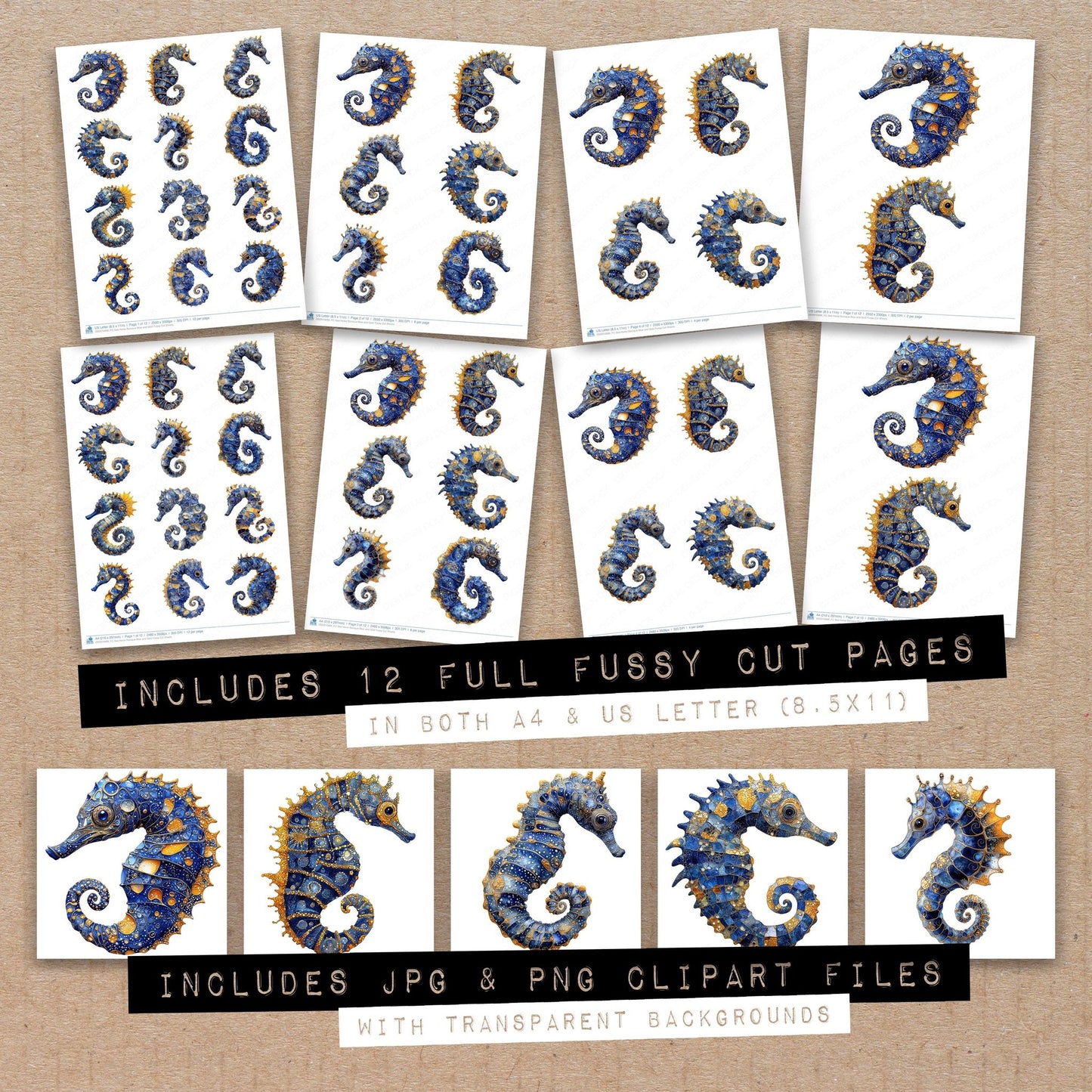 Full collection view of Sea Horse Baroque Blue and Gold fussy cut sheets with bonus clipart JPG and PNG files