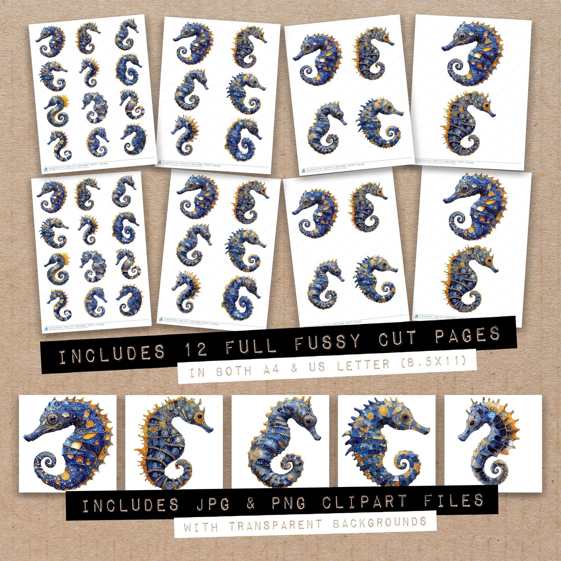 Full collection view of Sea Horse Baroque Blue and Gold fussy cut sheets with bonus clipart JPG and PNG files
