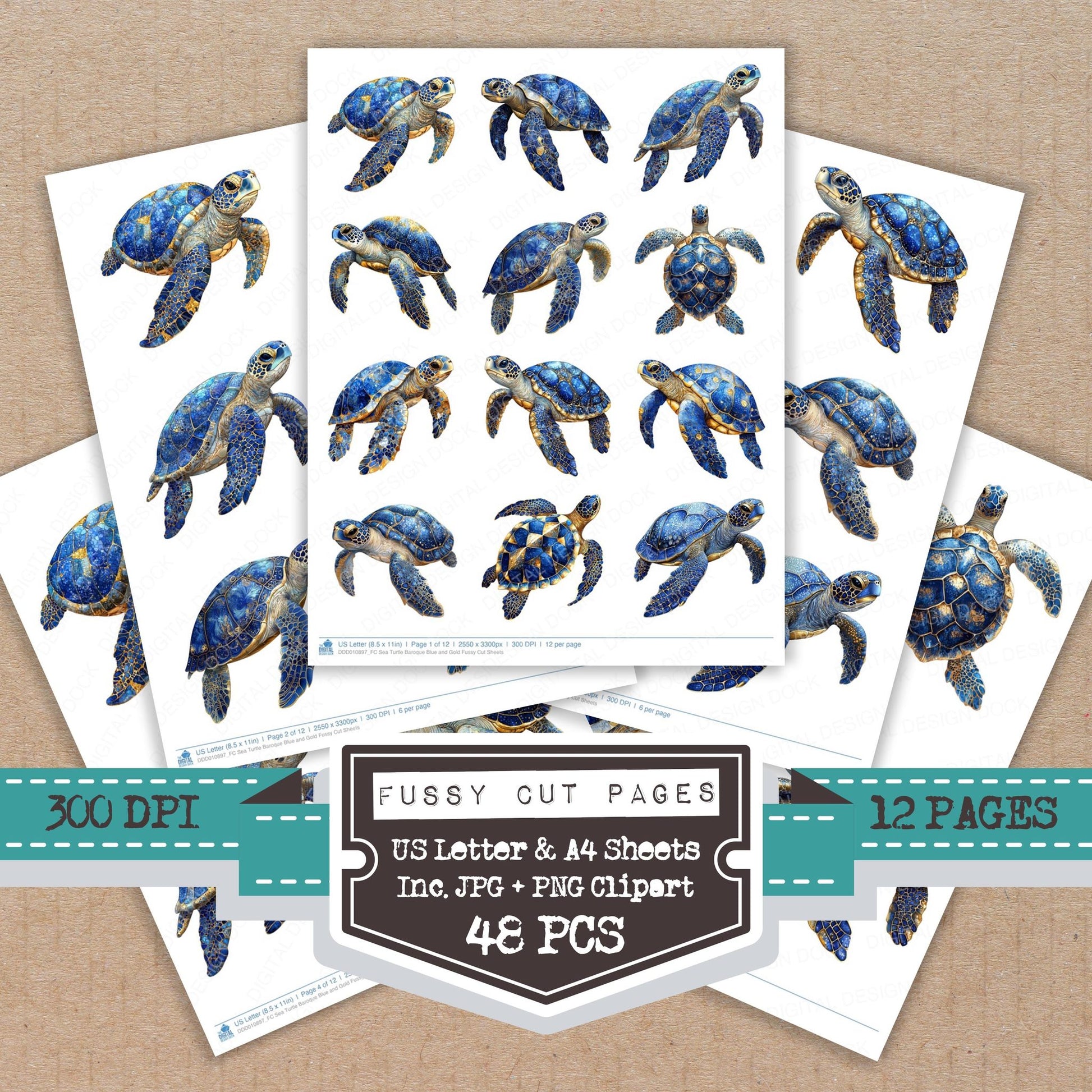 Sea Turtle Baroque Blue and Gold fussy cut printable sheets for junk journaling, scrapbooking, and paper craft projects