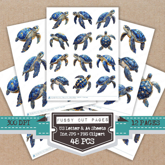 Sea Turtle Baroque Blue and Gold fussy cut printable sheets for junk journaling, scrapbooking, and paper craft projects