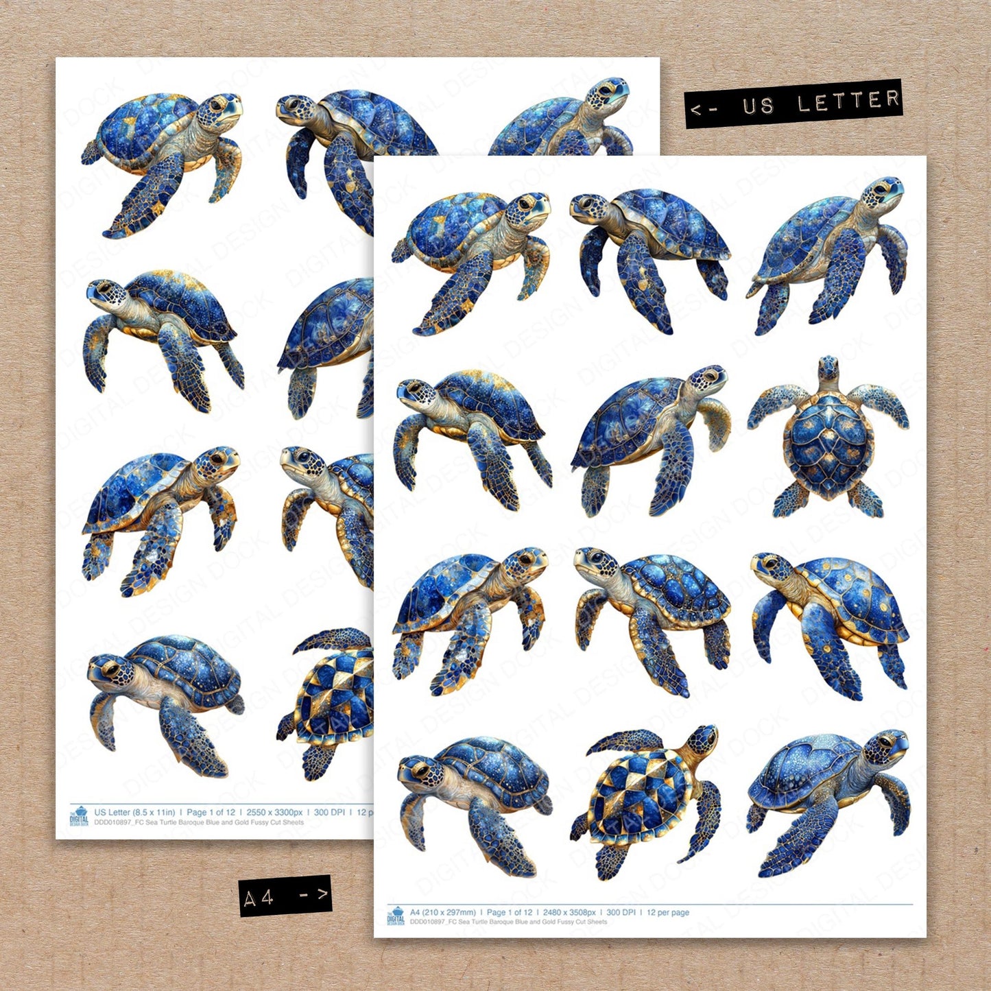 A4 and US Letter format comparison showing Sea Turtle Baroque Blue and Gold fussy cut pages for print and cut crafting