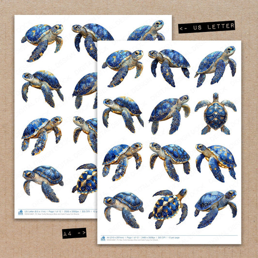 A4 and US Letter format comparison showing Sea Turtle Baroque Blue and Gold fussy cut pages for print and cut crafting