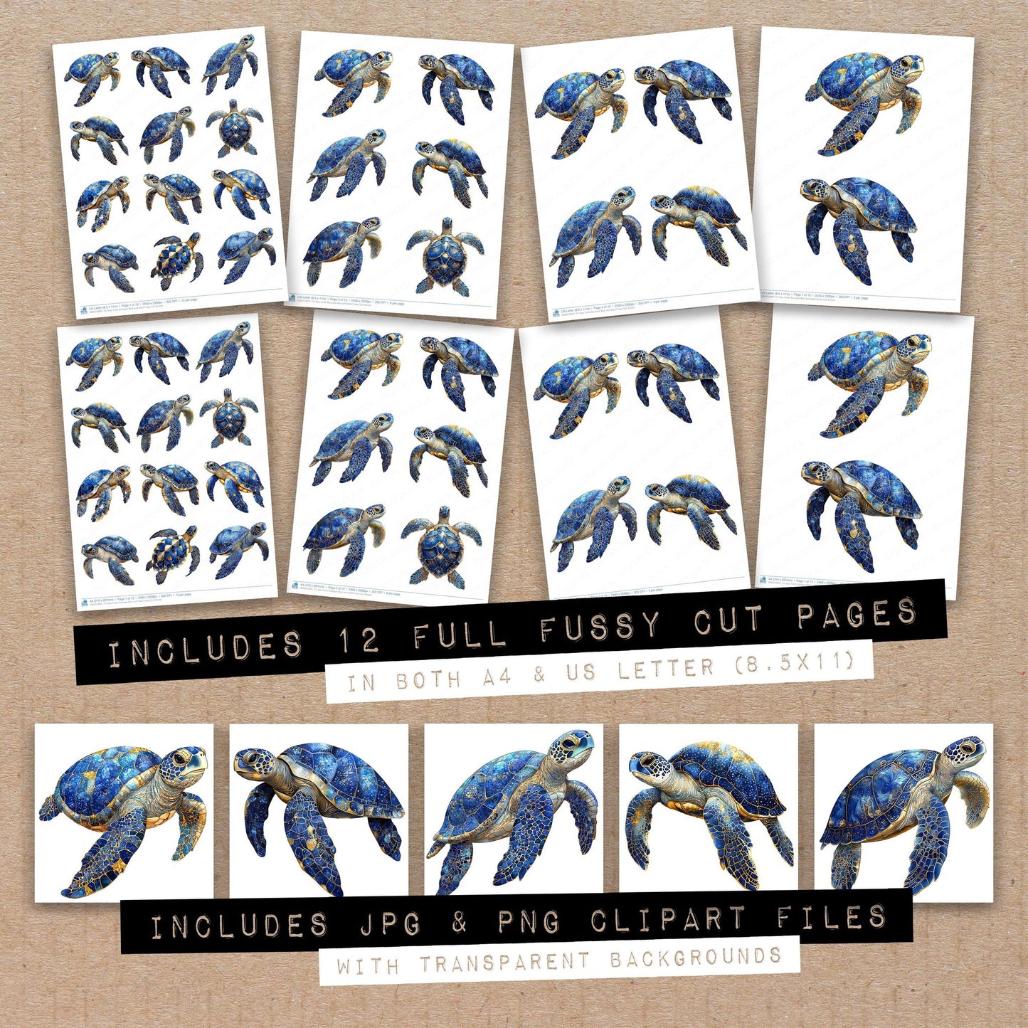 Full collection view of Sea Turtle Baroque Blue and Gold fussy cut sheets with bonus clipart JPG and PNG files