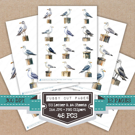 Seagull Perched fussy cut printable sheets for junk journaling, scrapbooking, and paper craft projects