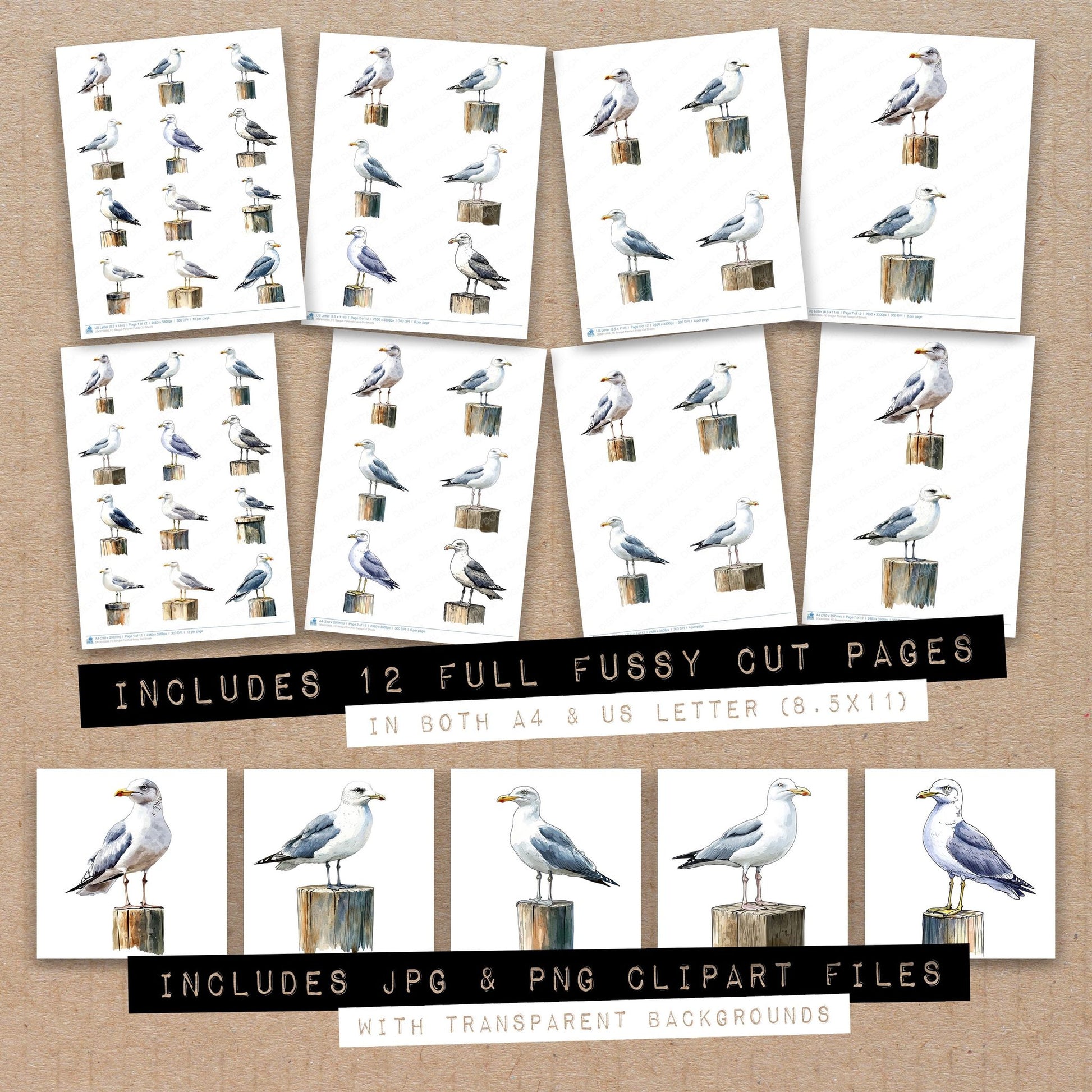 Full collection view of Seagull Perched fussy cut sheets with bonus clipart JPG and PNG files