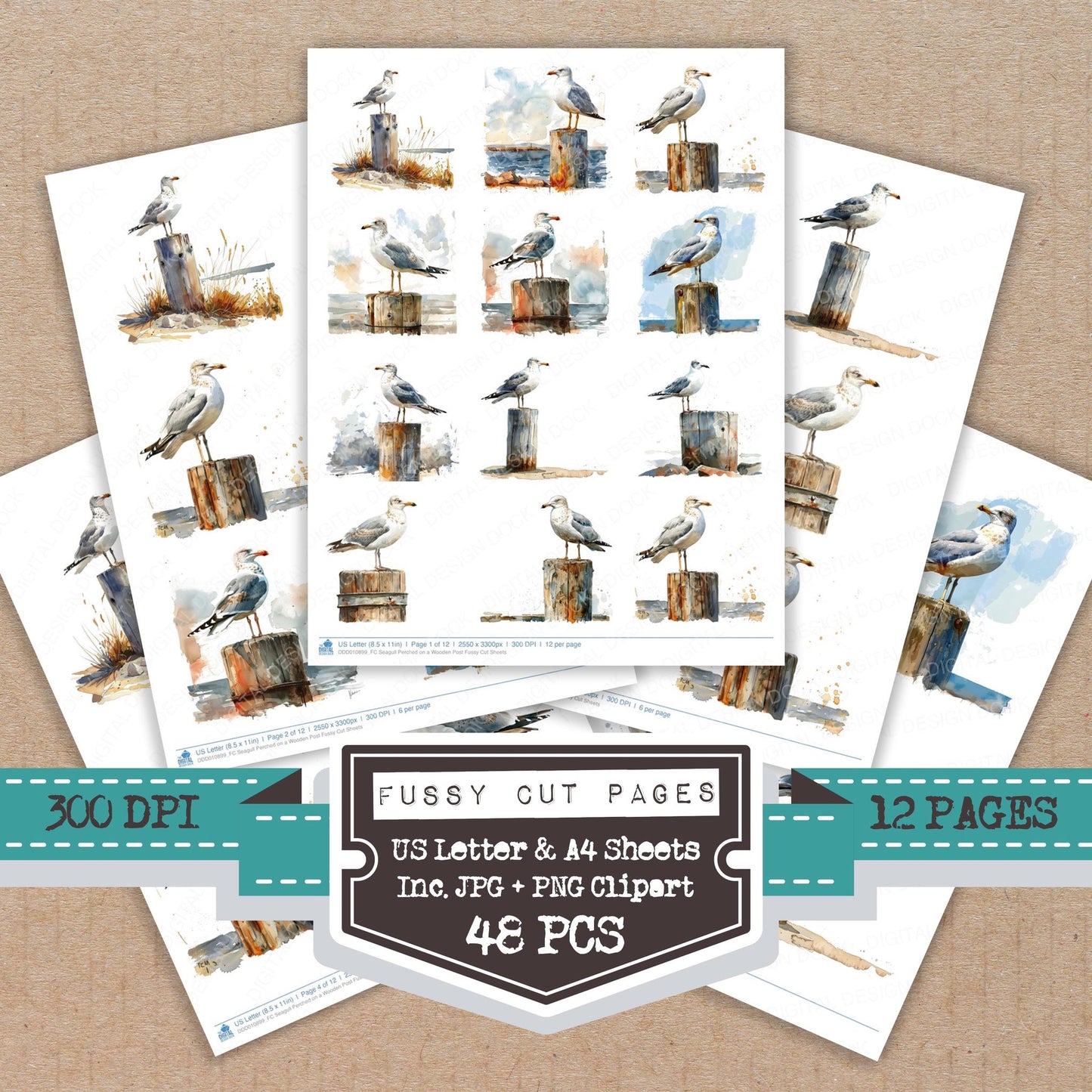 Seagull Perched on a Wooden Post fussy cut printable sheets for junk journaling, scrapbooking, and paper craft projects
