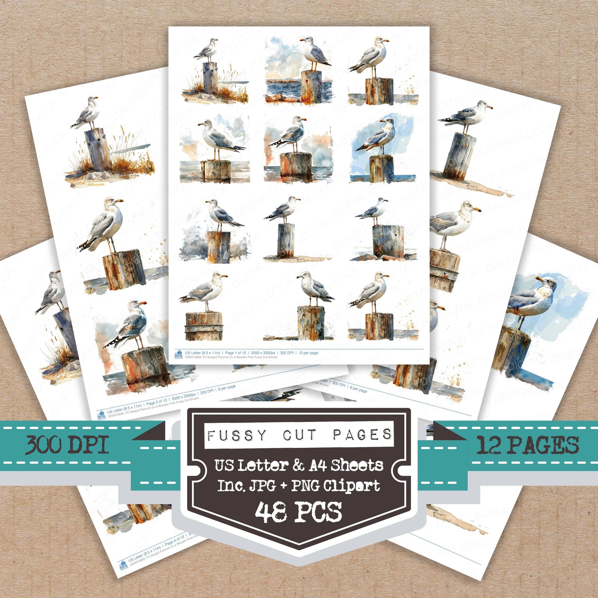 Seagull Perched on a Wooden Post fussy cut printable sheets for junk journaling, scrapbooking, and paper craft projects