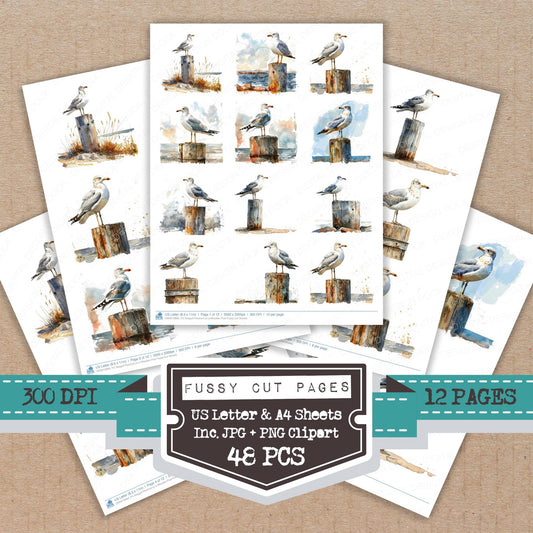 Seagull Perched on a Wooden Post fussy cut printable sheets for junk journaling, scrapbooking, and paper craft projects