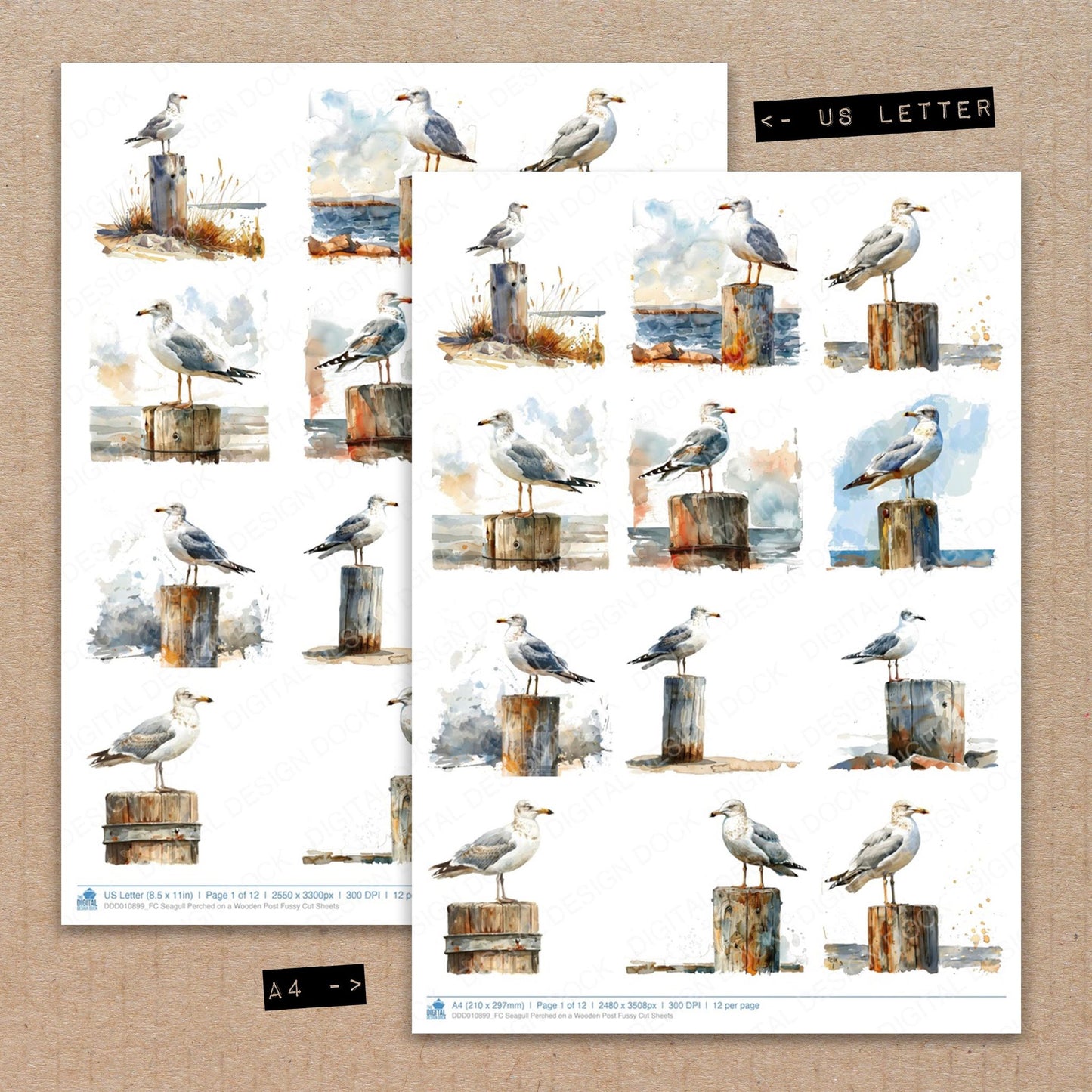 A4 and US Letter format comparison showing Seagull Perched on a Wooden Post fussy cut pages for print and cut crafting