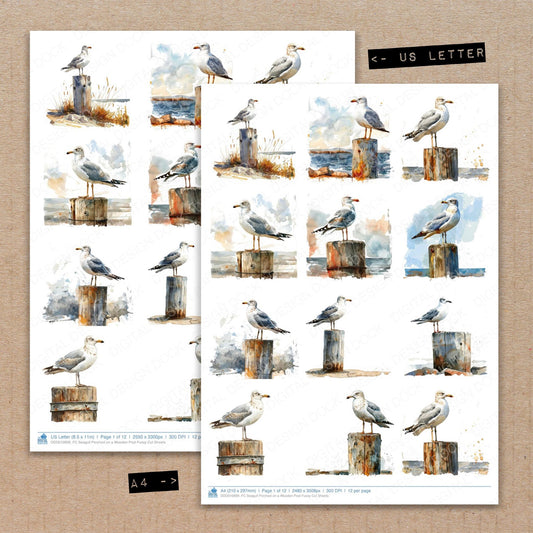 A4 and US Letter format comparison showing Seagull Perched on a Wooden Post fussy cut pages for print and cut crafting