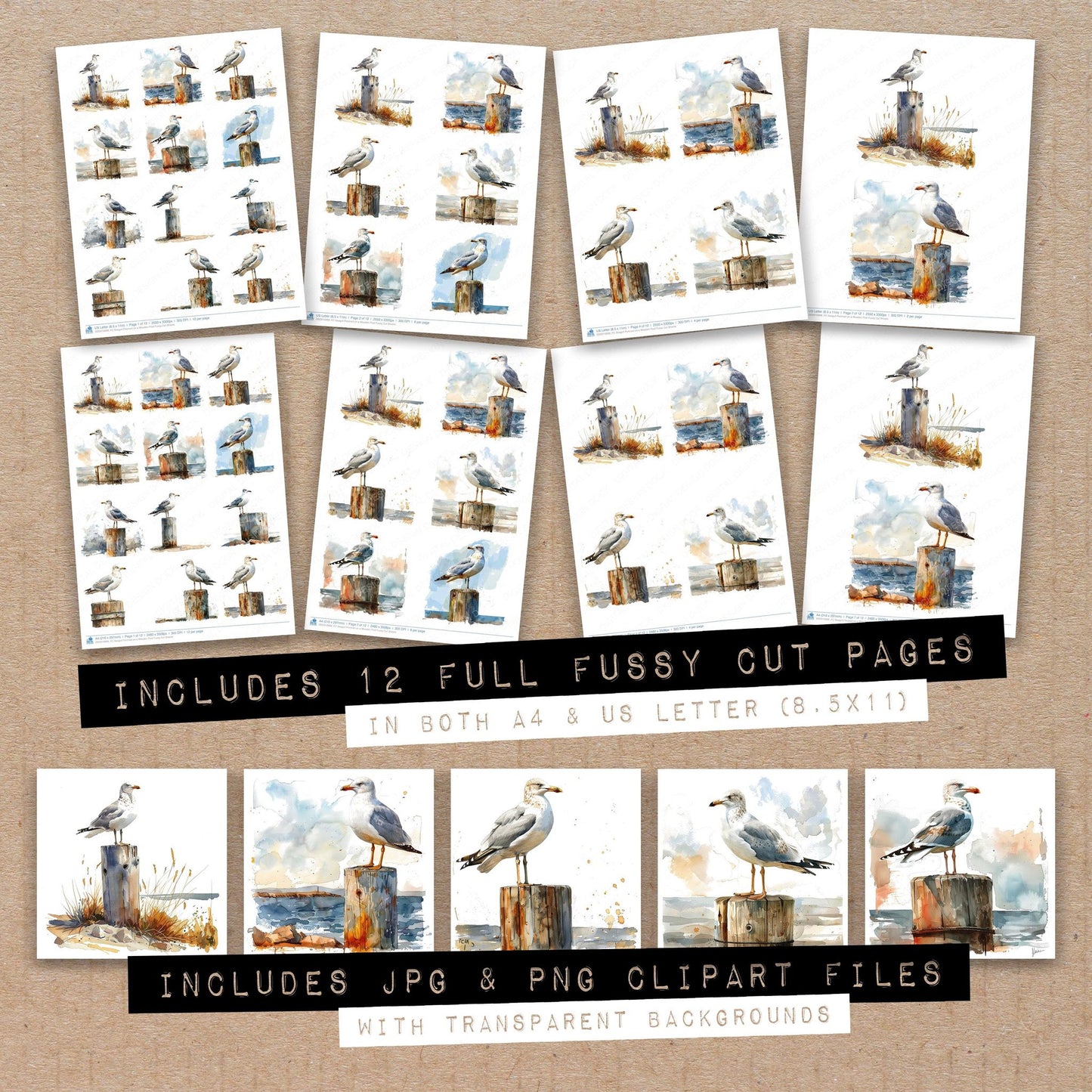 Full collection view of Seagull Perched on a Wooden Post fussy cut sheets with bonus clipart JPG and PNG files