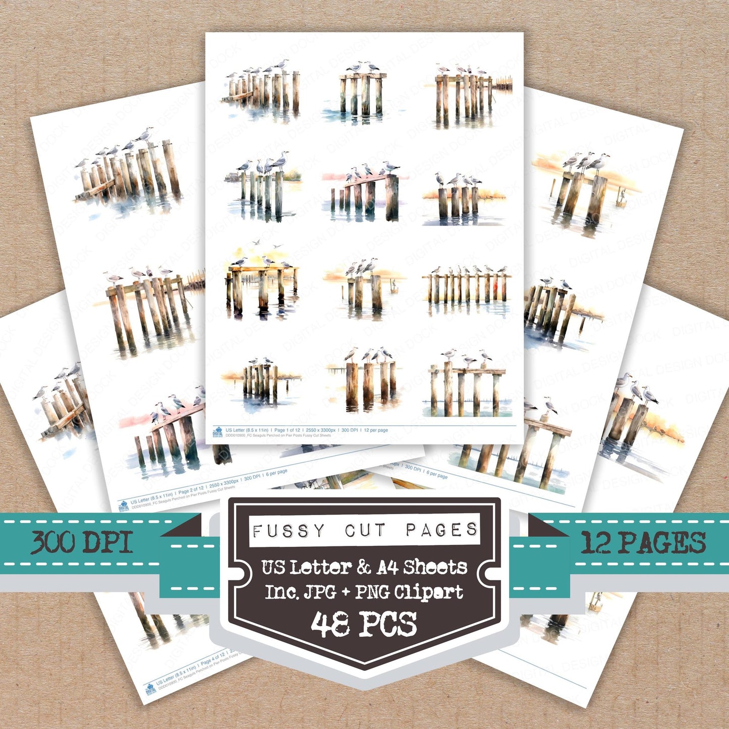 Seaguls Perched on Pier Posts fussy cut printable sheets for junk journaling, scrapbooking, and paper craft projects