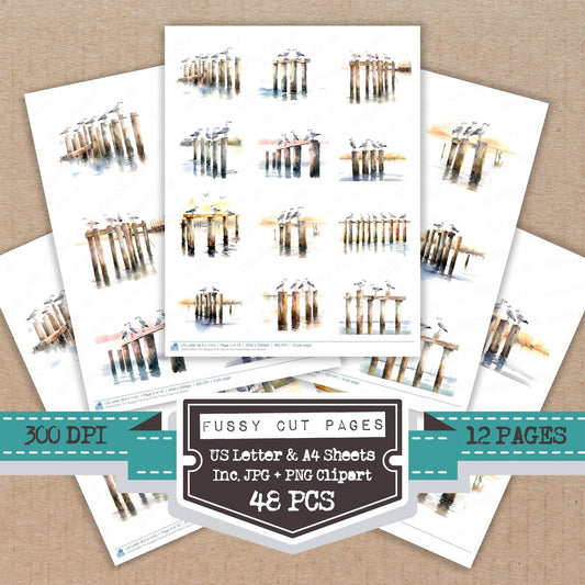 Seaguls Perched on Pier Posts fussy cut printable sheets for junk journaling, scrapbooking, and paper craft projects