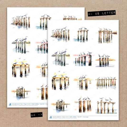 A4 and US Letter format comparison showing Seaguls Perched on Pier Posts fussy cut pages for print and cut crafting