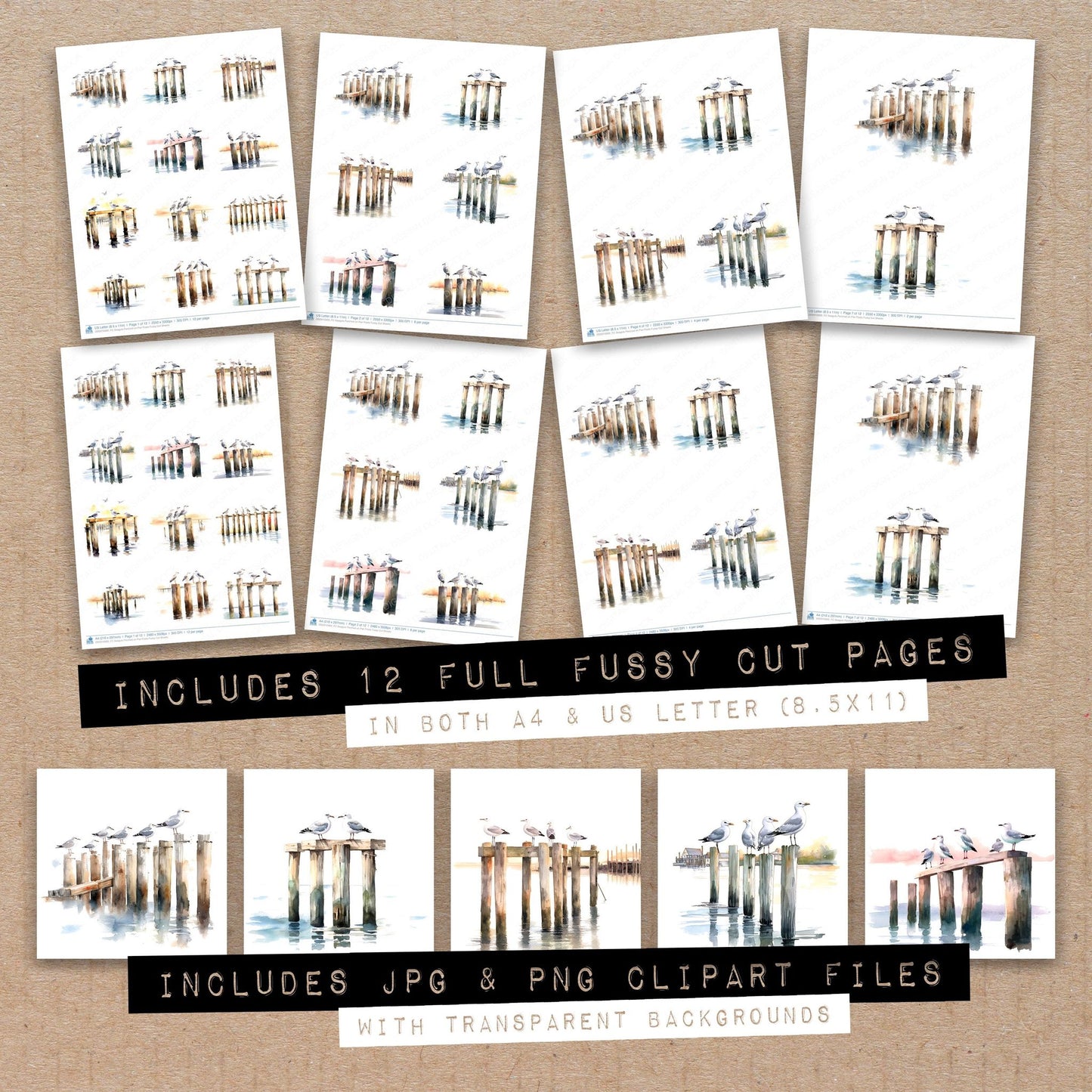 Full collection view of Seaguls Perched on Pier Posts fussy cut sheets with bonus clipart JPG and PNG files