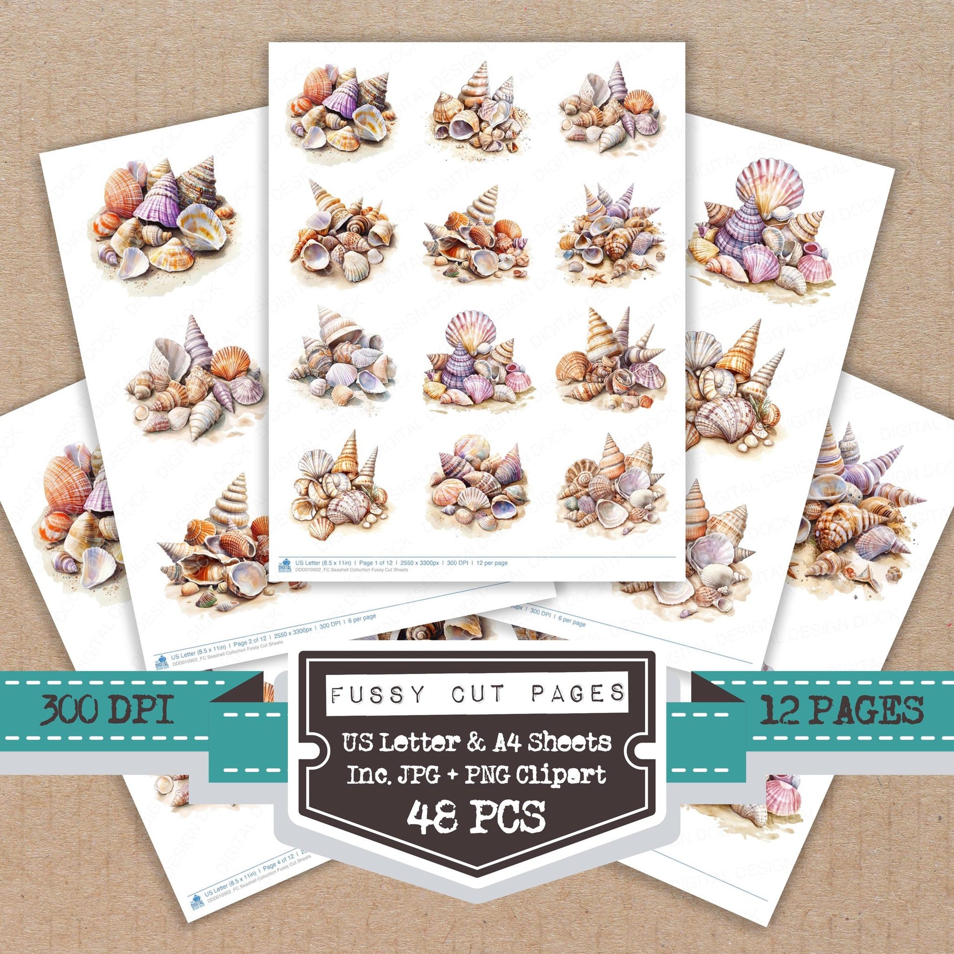 Seashell Collection fussy cut printable sheets for junk journaling, scrapbooking, and paper craft projects