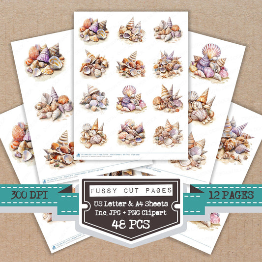 Seashell Collection fussy cut printable sheets for junk journaling, scrapbooking, and paper craft projects