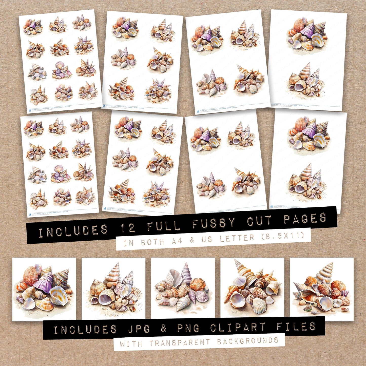 Full collection view of Seashell Collection fussy cut sheets with bonus clipart JPG and PNG files
