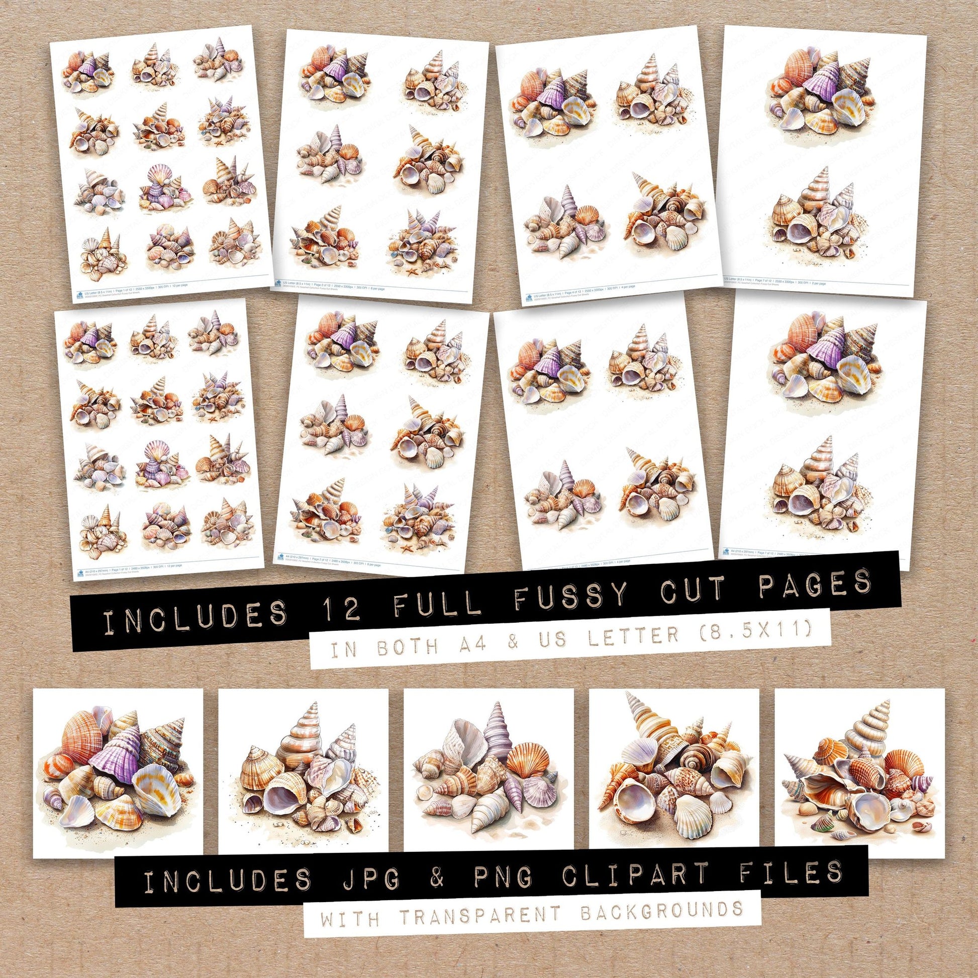 Full collection view of Seashell Collection fussy cut sheets with bonus clipart JPG and PNG files
