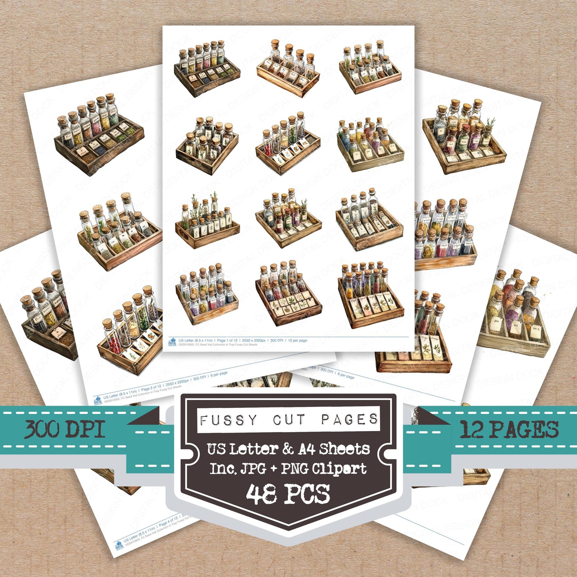 Seed Vial Collection in Tray fussy cut printable sheets for junk journaling, scrapbooking, and paper craft projects