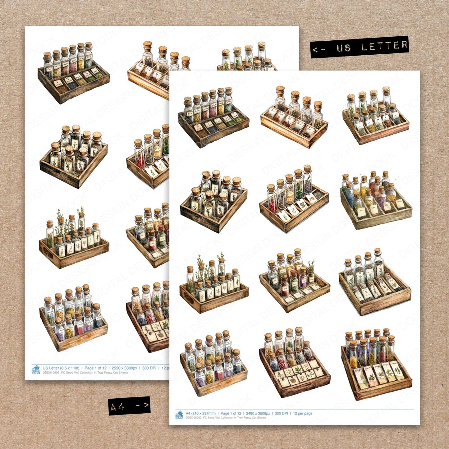 A4 and US Letter format comparison showing Seed Vial Collection in Tray fussy cut pages for print and cut crafting