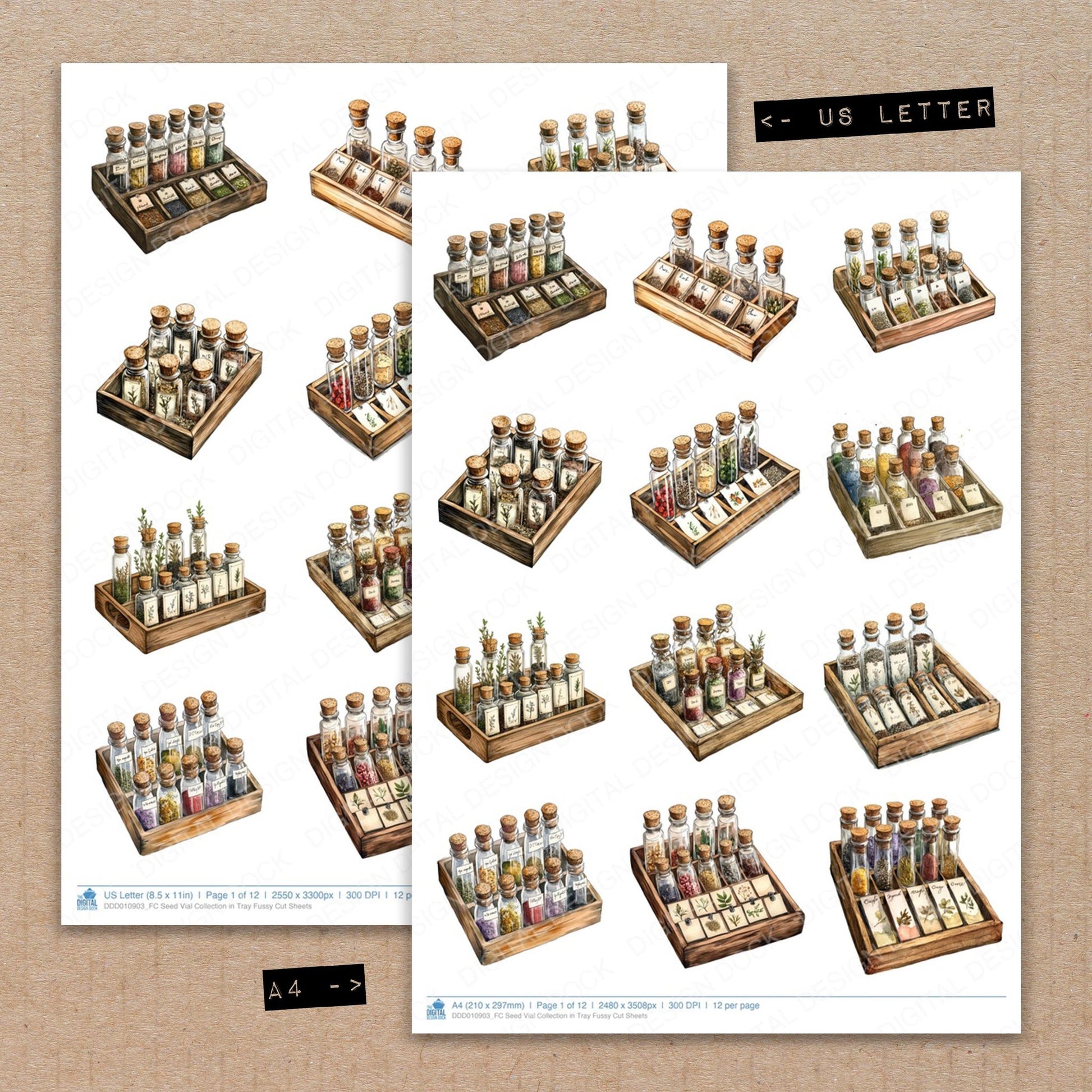 A4 and US Letter format comparison showing Seed Vial Collection in Tray fussy cut pages for print and cut crafting