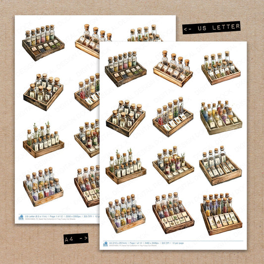 A4 and US Letter format comparison showing Seed Vial Collection in Tray fussy cut pages for print and cut crafting