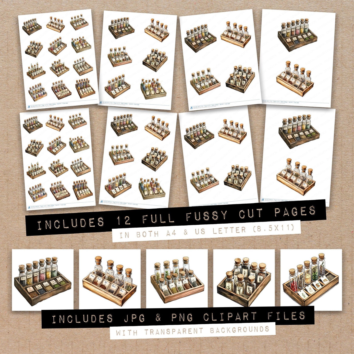 Full collection view of Seed Vial Collection in Tray fussy cut sheets with bonus clipart JPG and PNG files