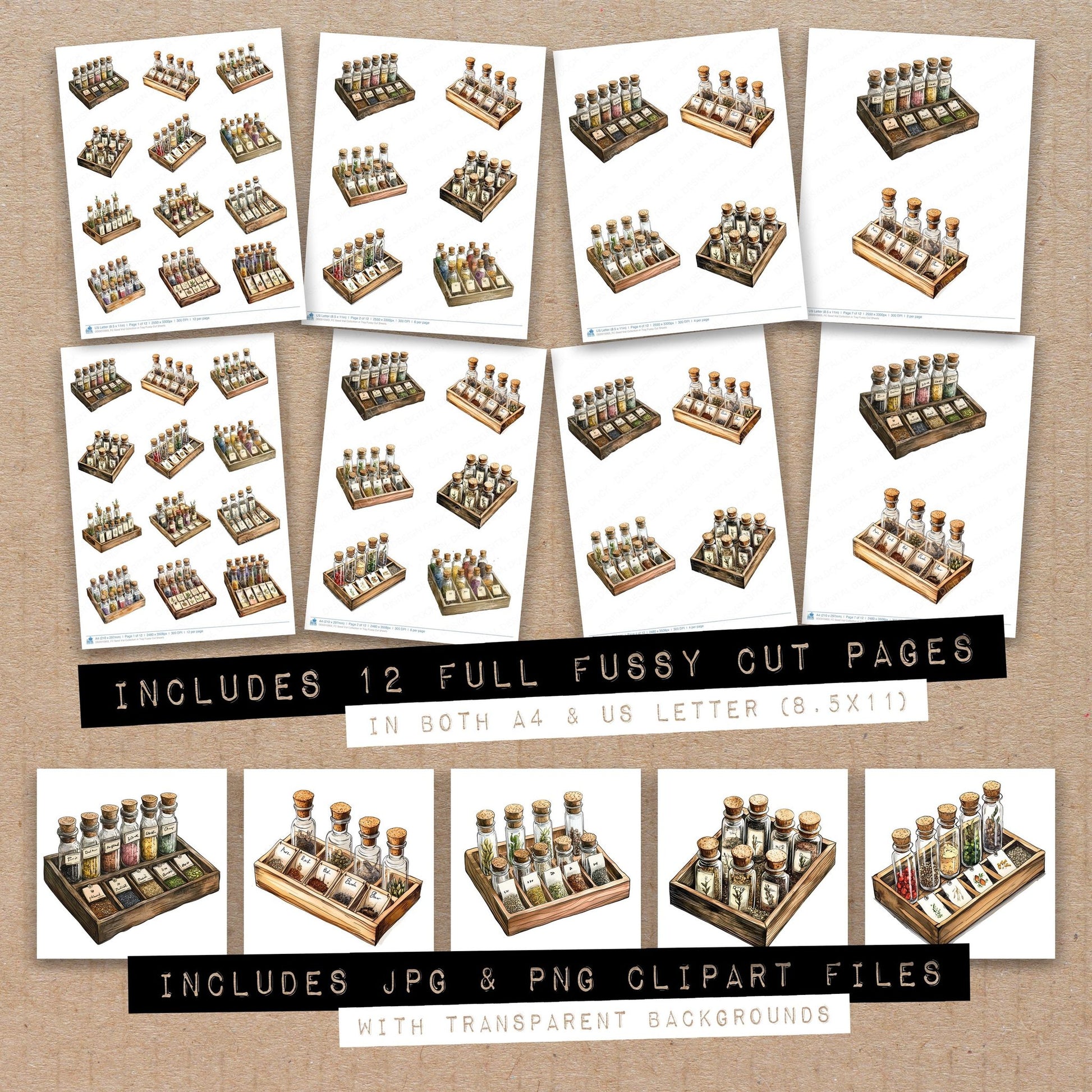 Full collection view of Seed Vial Collection in Tray fussy cut sheets with bonus clipart JPG and PNG files