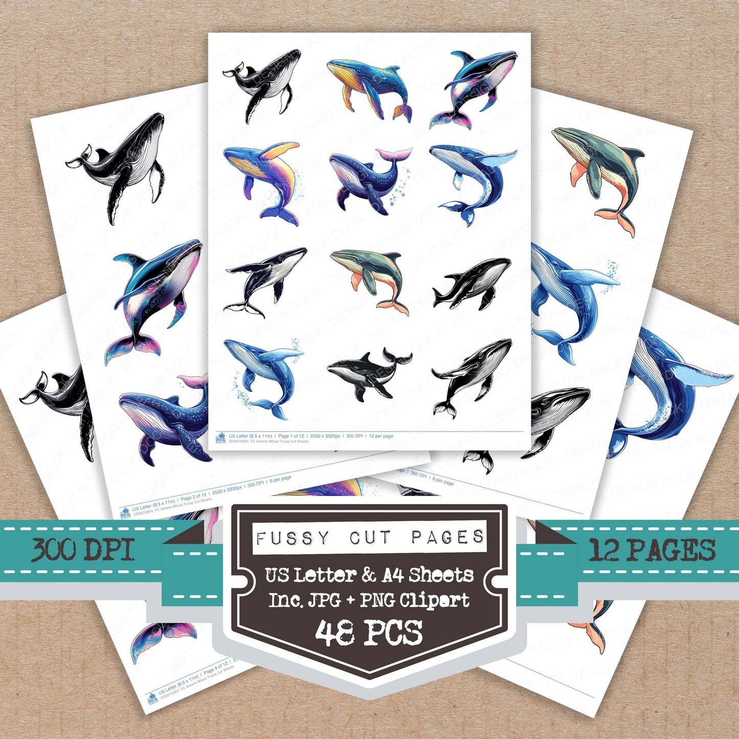 Serene Whale fussy cut printable sheets for junk journaling, scrapbooking, and paper craft projects