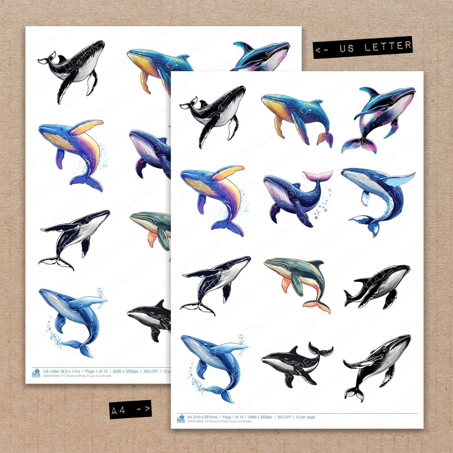 A4 and US Letter format comparison showing Serene Whale fussy cut pages for print and cut crafting