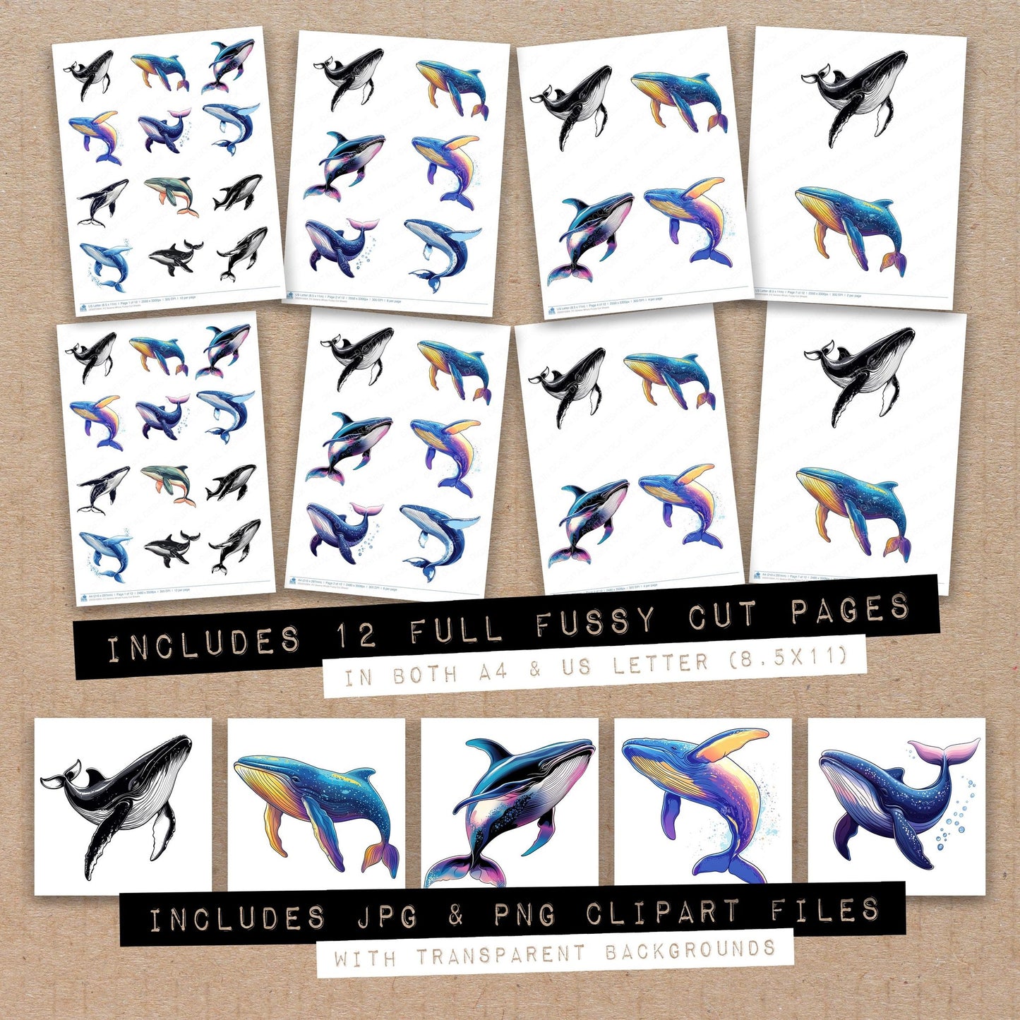 Full collection view of Serene Whale fussy cut sheets with bonus clipart JPG and PNG files