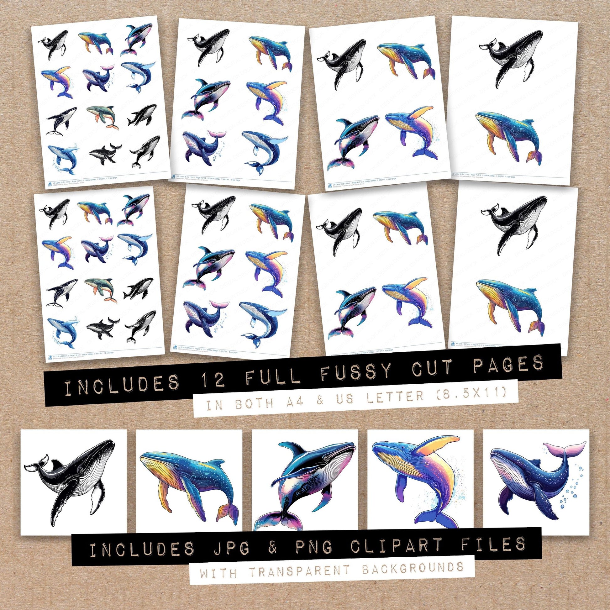 Full collection view of Serene Whale fussy cut sheets with bonus clipart JPG and PNG files