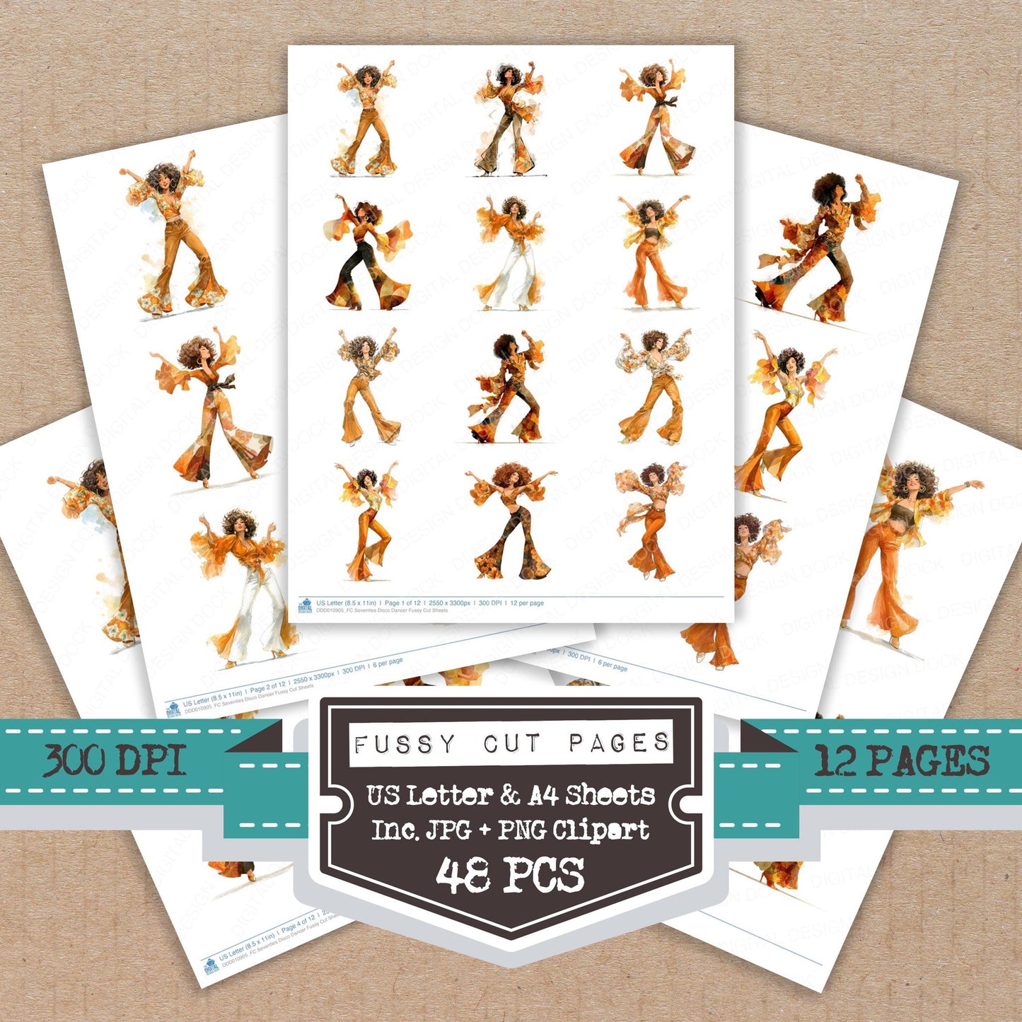 Seventies Disco Dancer fussy cut printable sheets for junk journaling, scrapbooking, and paper craft projects