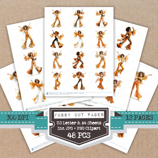 Seventies Disco Dancer fussy cut printable sheets for junk journaling, scrapbooking, and paper craft projects