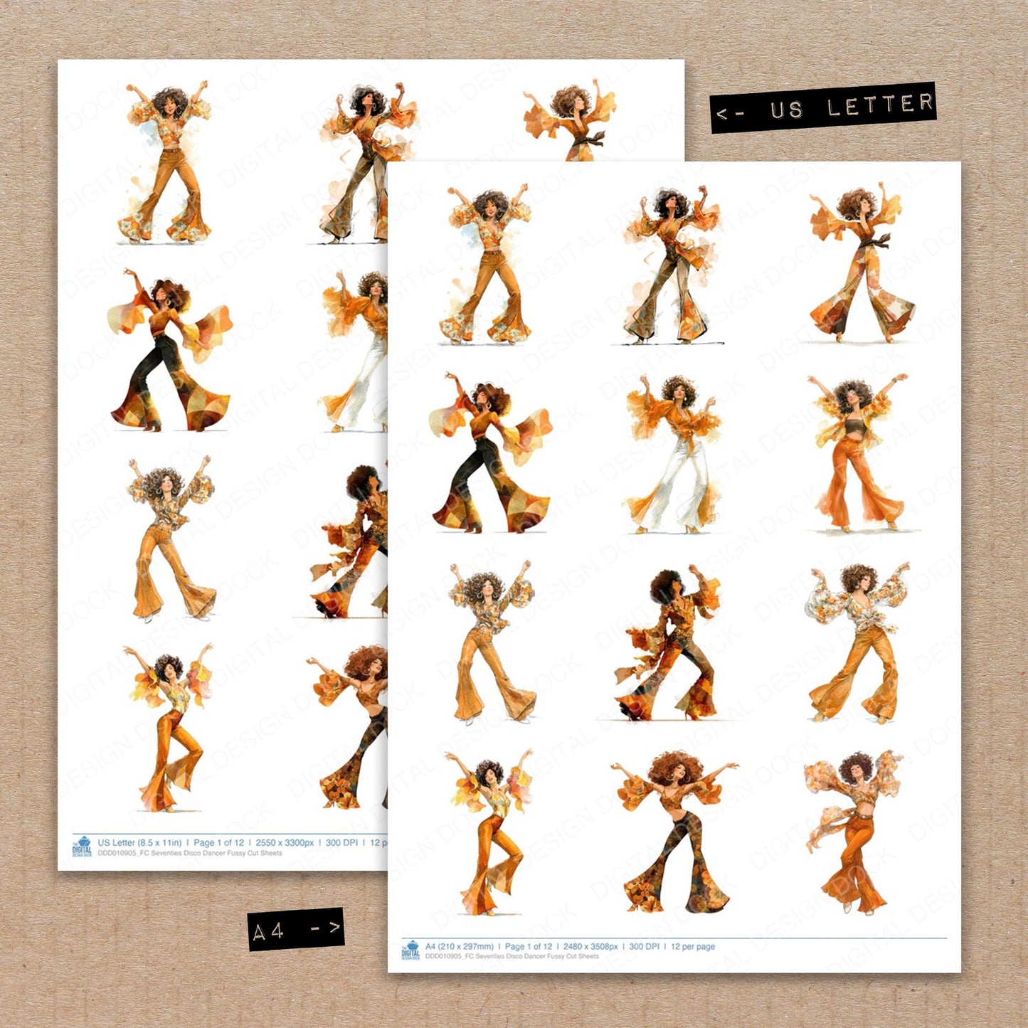 A4 and US Letter format comparison showing Seventies Disco Dancer fussy cut pages for print and cut crafting