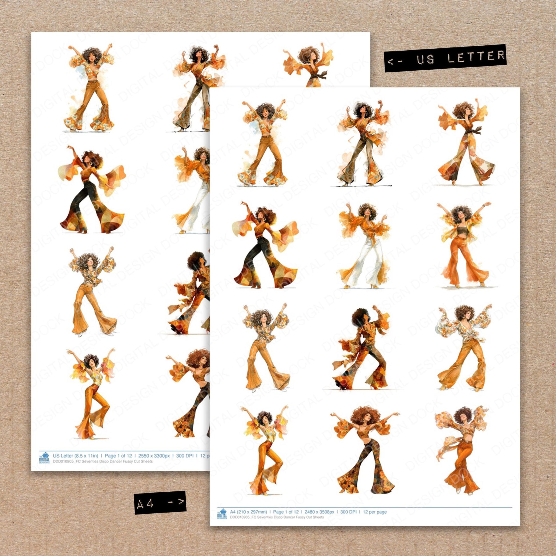 A4 and US Letter format comparison showing Seventies Disco Dancer fussy cut pages for print and cut crafting