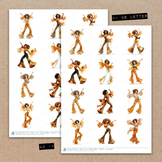 A4 and US Letter format comparison showing Seventies Disco Dancer fussy cut pages for print and cut crafting