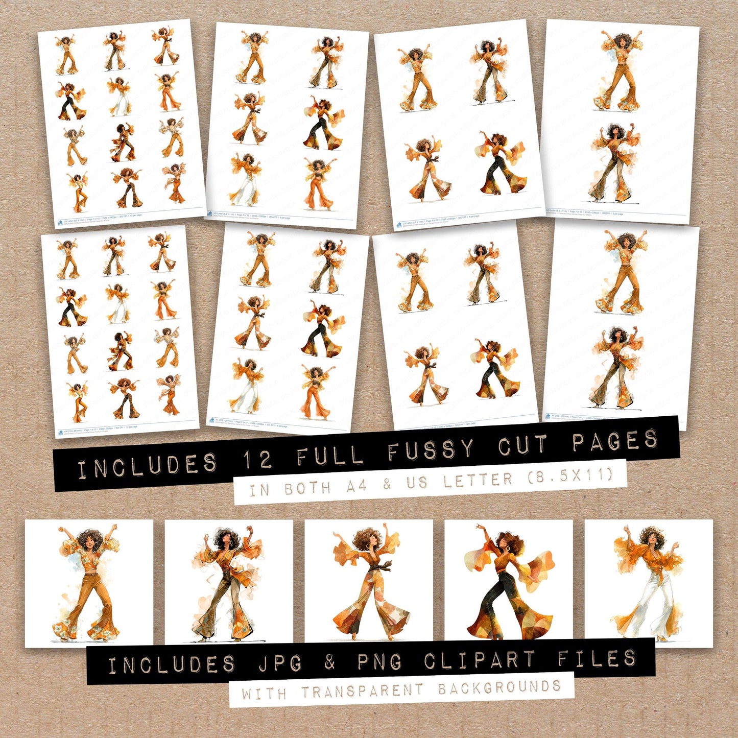 Full collection view of Seventies Disco Dancer fussy cut sheets with bonus clipart JPG and PNG files