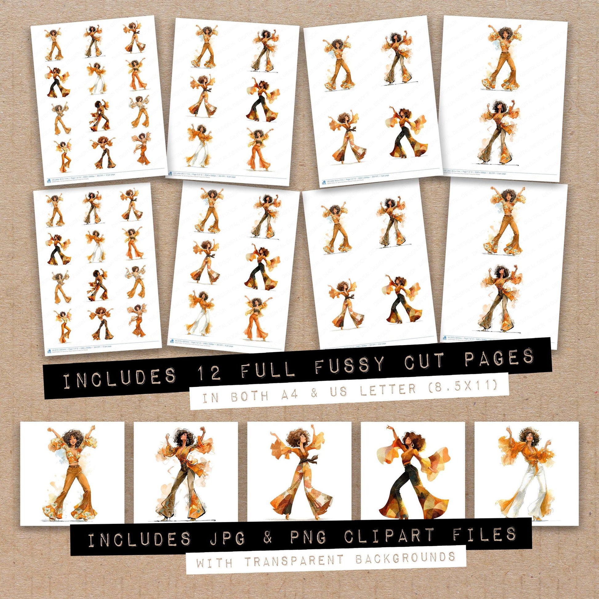 Full collection view of Seventies Disco Dancer fussy cut sheets with bonus clipart JPG and PNG files