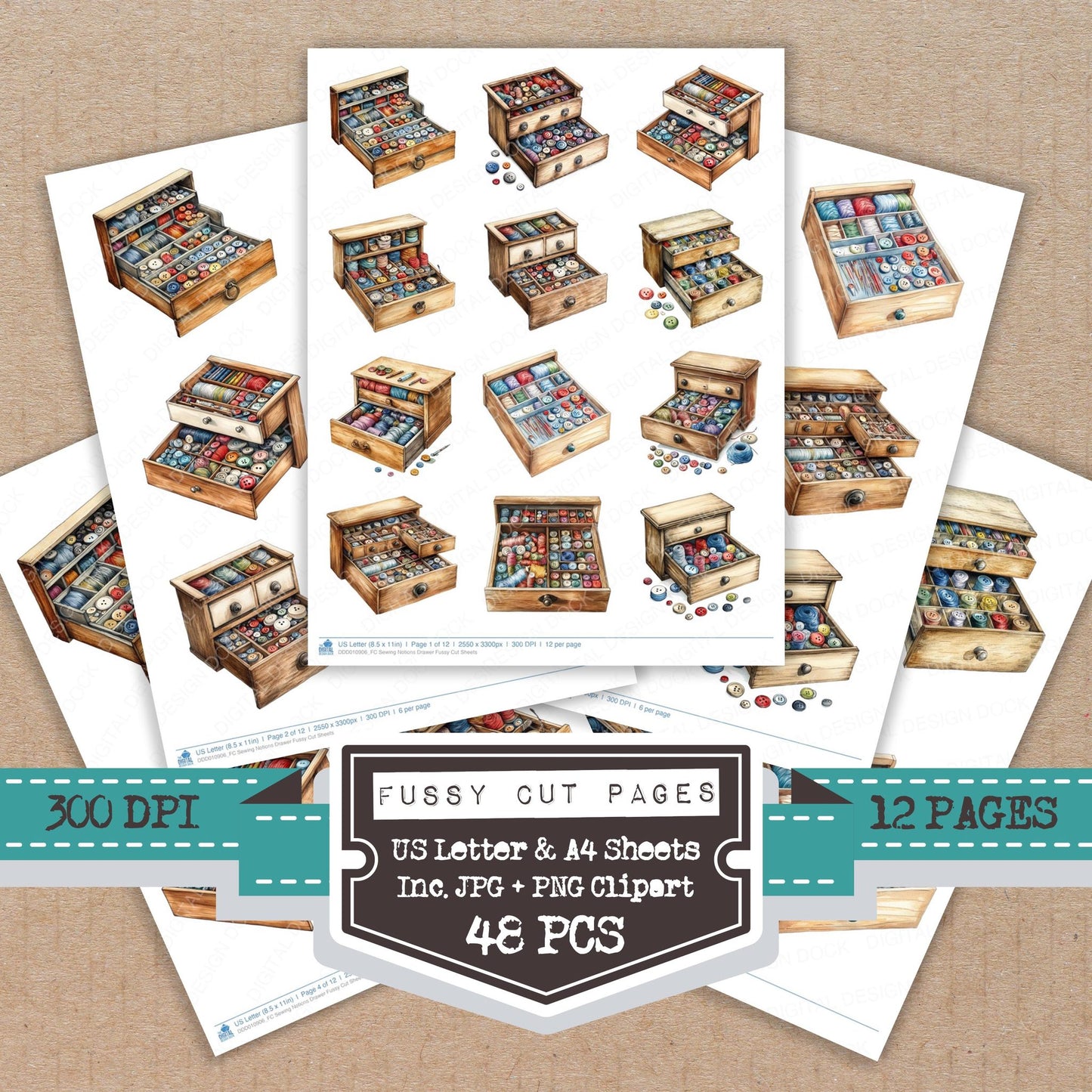 Sewing Notions Drawer fussy cut printable sheets for junk journaling, scrapbooking, and paper craft projects