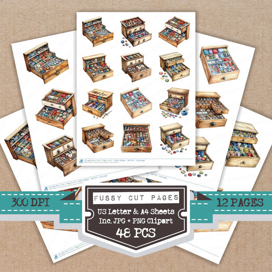 Sewing Notions Drawer fussy cut printable sheets for junk journaling, scrapbooking, and paper craft projects