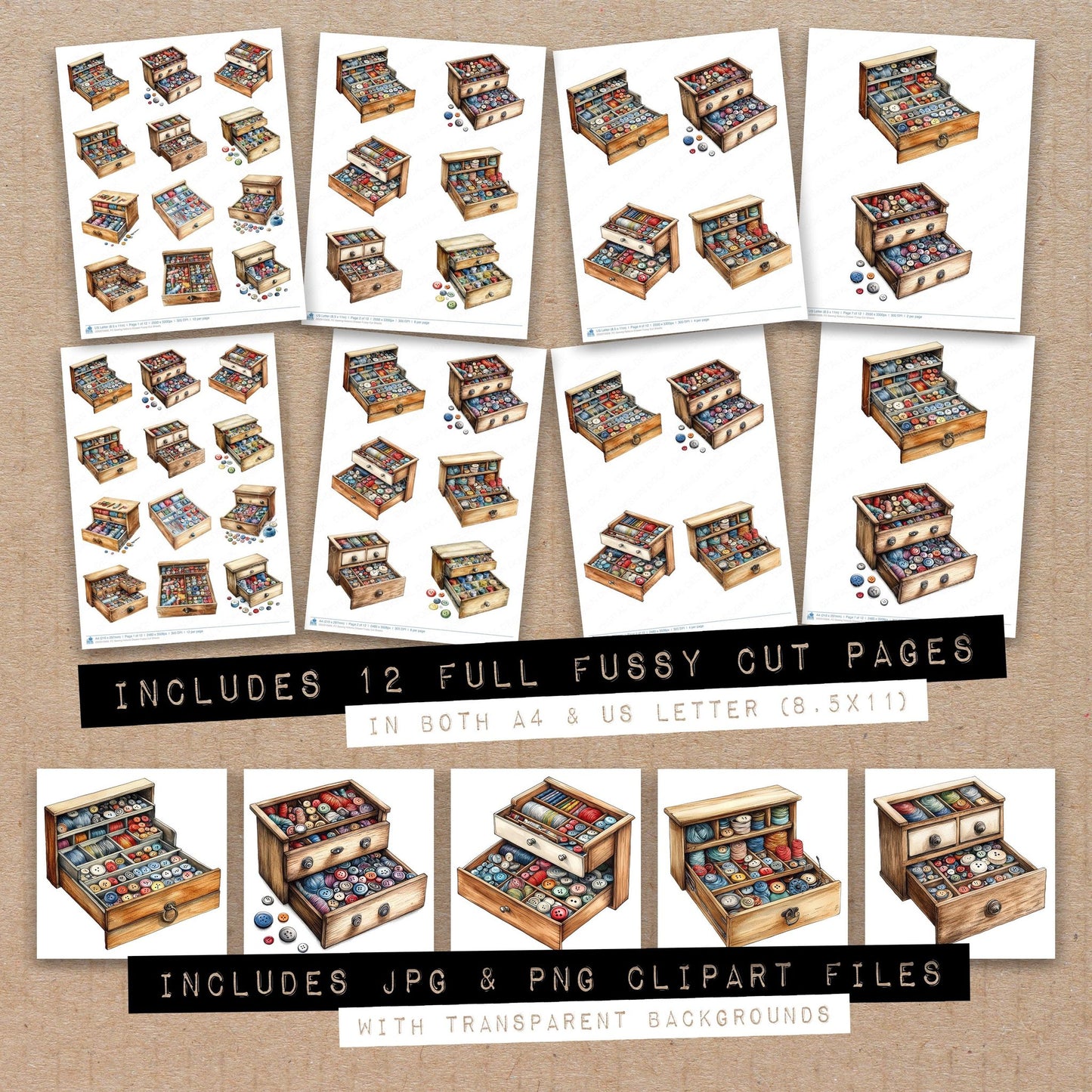 Full collection view of Sewing Notions Drawer fussy cut sheets with bonus clipart JPG and PNG files