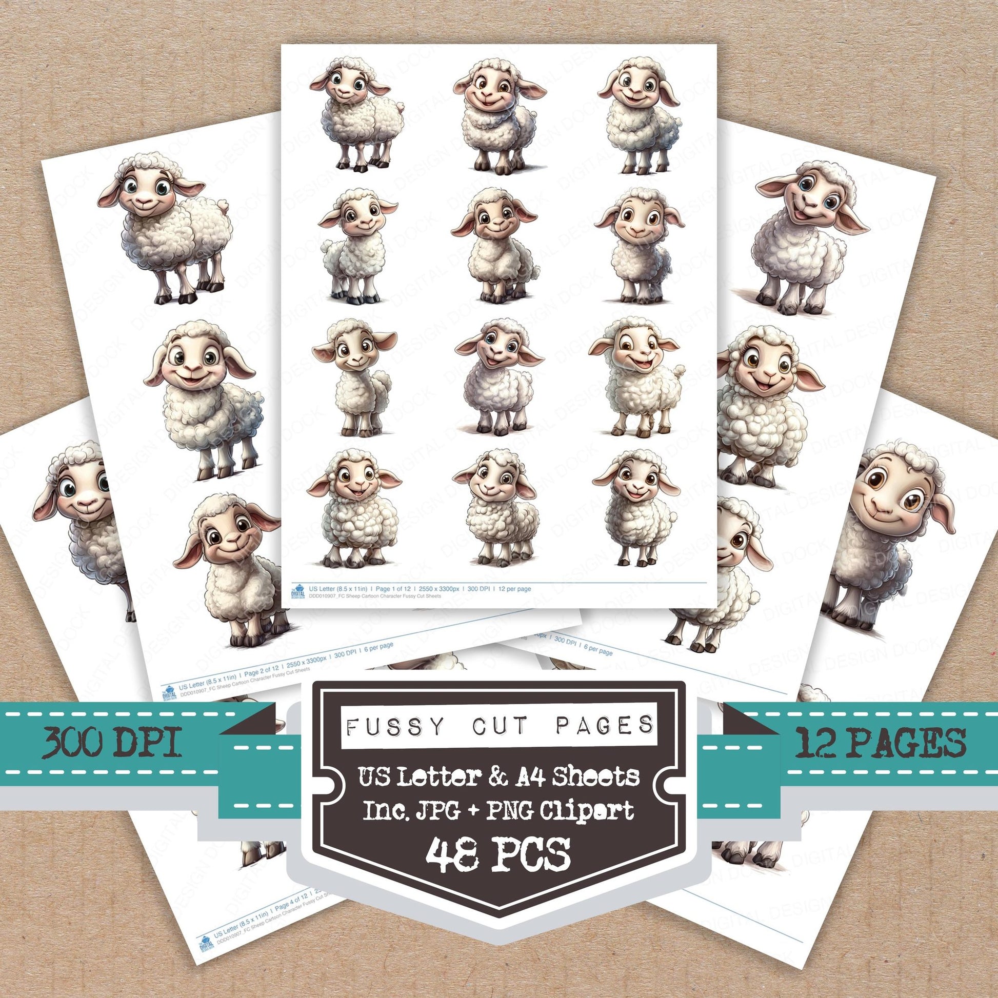 Sheep Cartoon Character fussy cut printable sheets for junk journaling, scrapbooking, and paper craft projects
