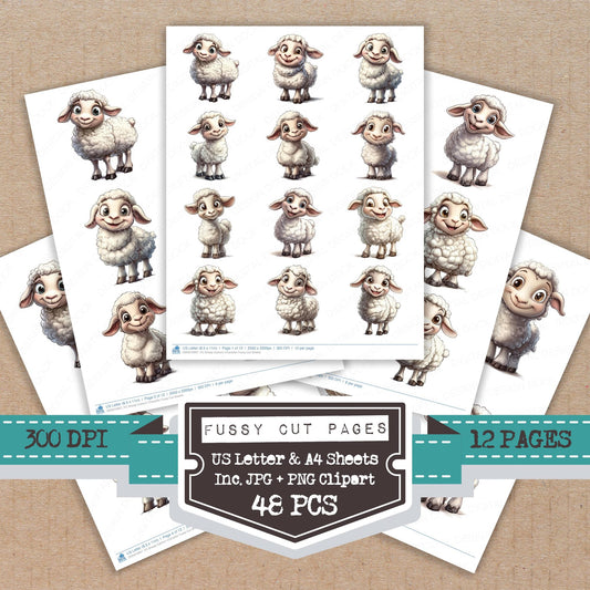 Sheep Cartoon Character fussy cut printable sheets for junk journaling, scrapbooking, and paper craft projects