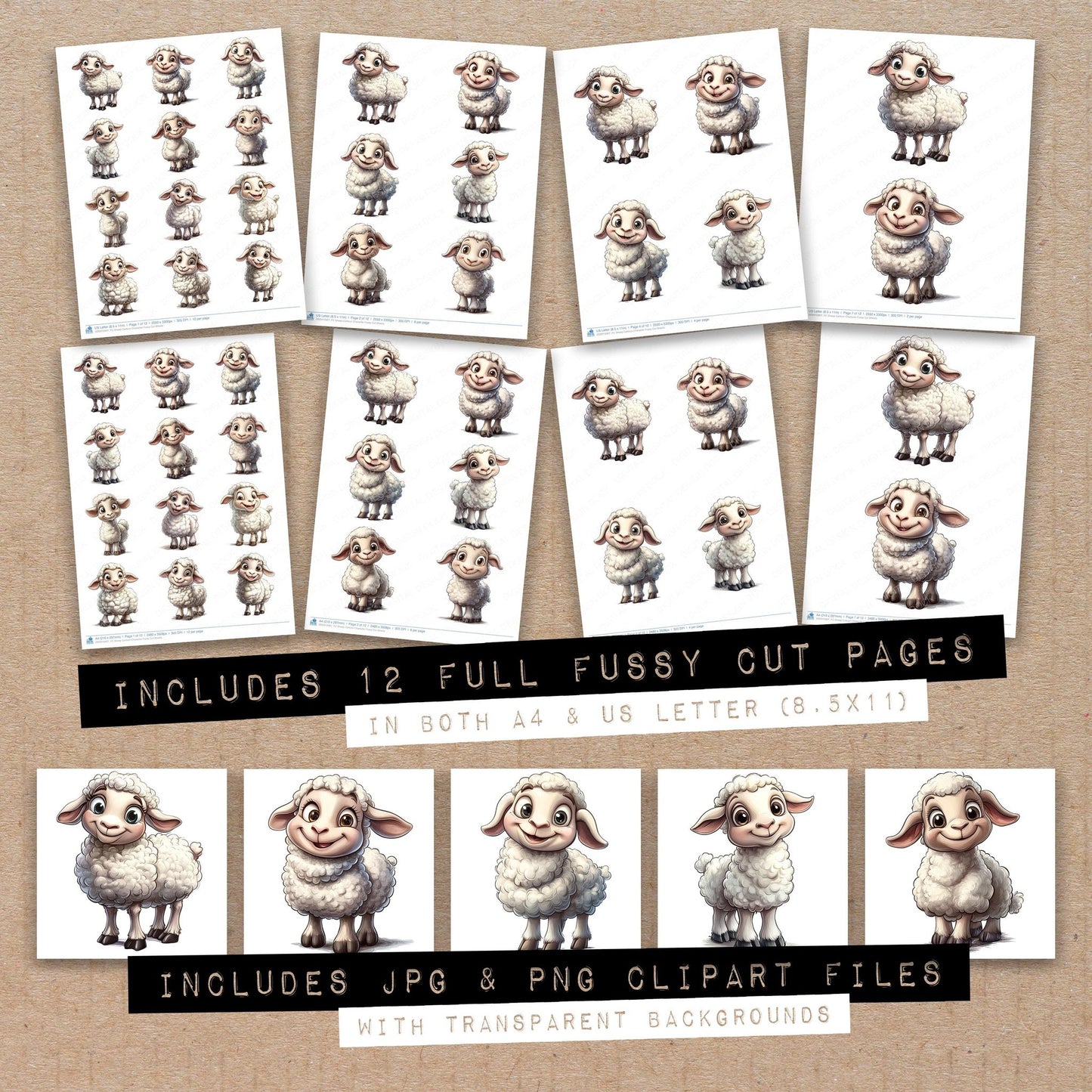 Full collection view of Sheep Cartoon Character fussy cut sheets with bonus clipart JPG and PNG files