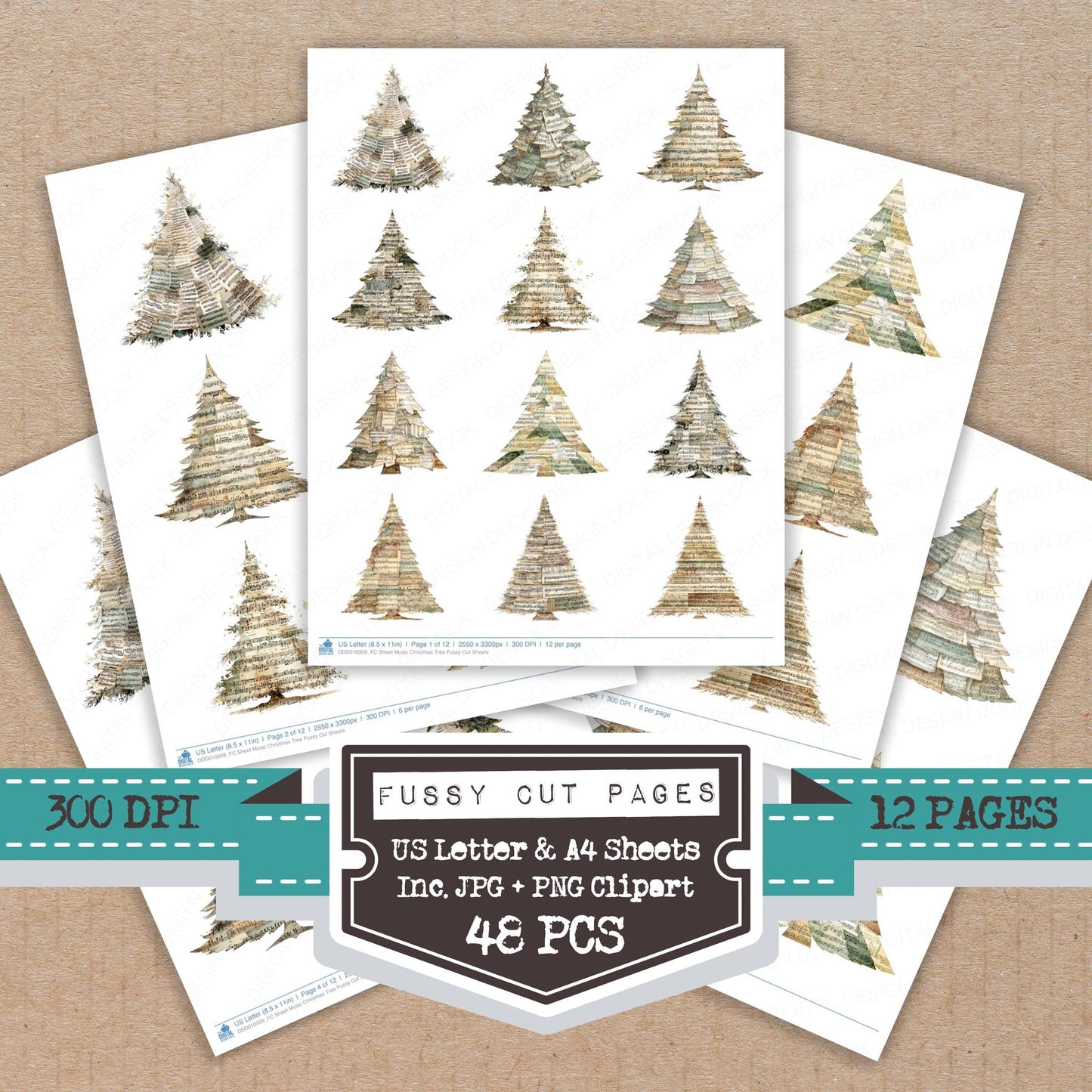 Sheet Music Christmas Tree fussy cut printable sheets for junk journaling, scrapbooking, and paper craft projects