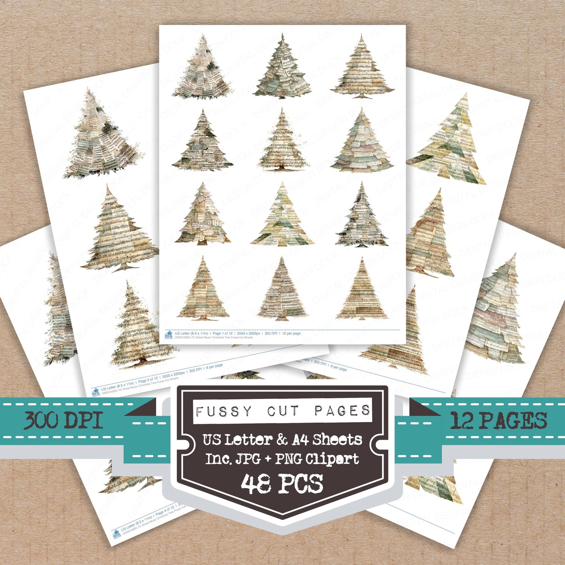 Sheet Music Christmas Tree fussy cut printable sheets for junk journaling, scrapbooking, and paper craft projects
