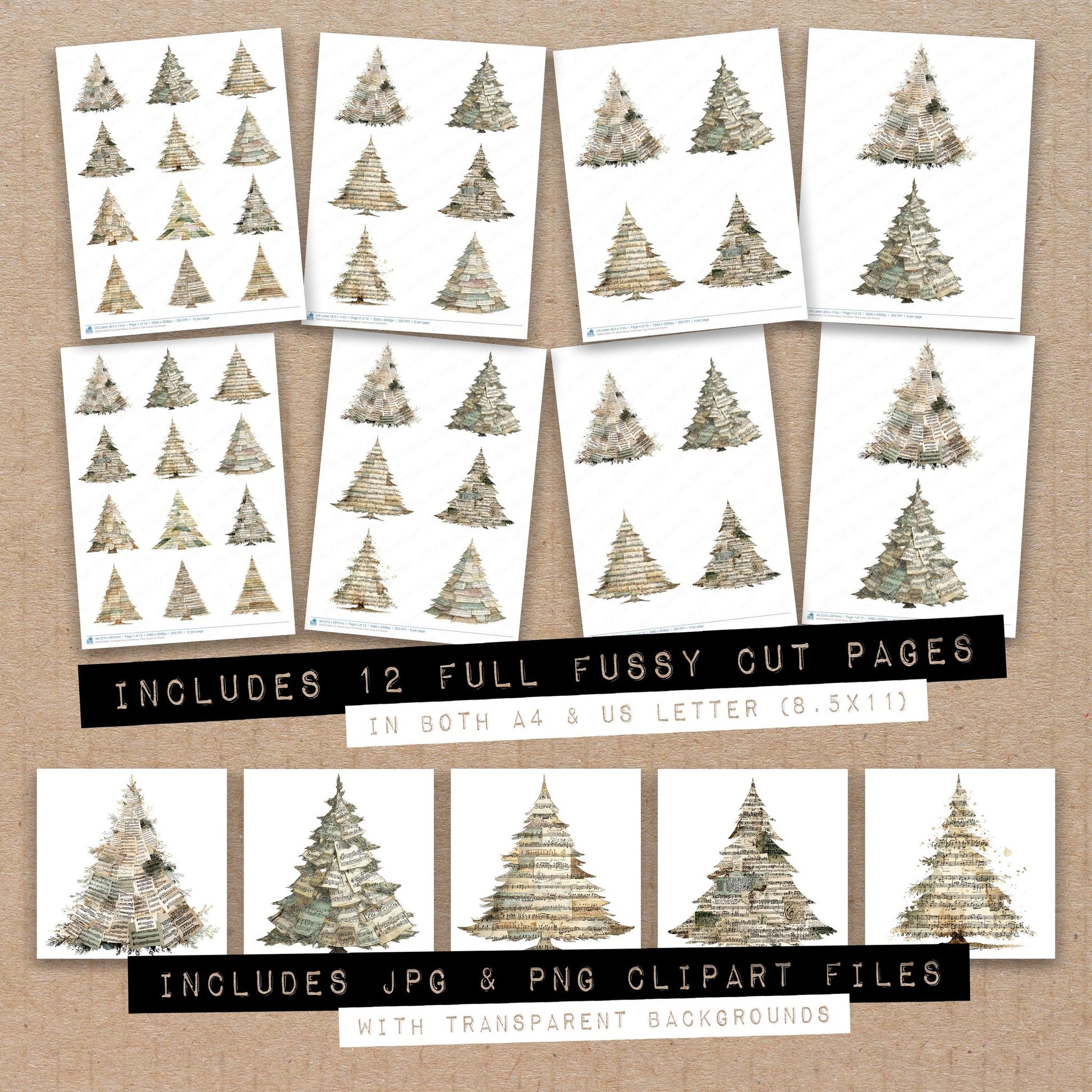 Full collection view of Sheet Music Christmas Tree fussy cut sheets with bonus clipart JPG and PNG files